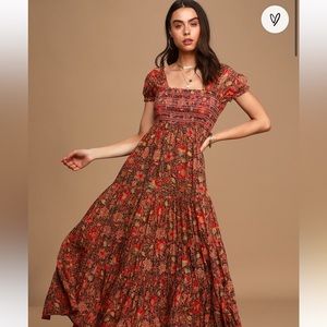 Free People Getaway Red Floral Print Pleated Tiered Maxi Dress